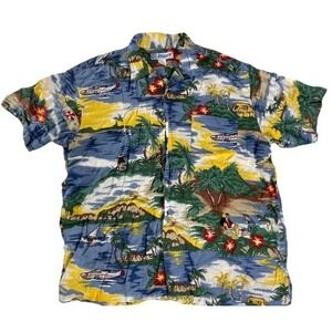utility hawiian shirt blue island diamond head 100% rayon vacation aloha Size Xl